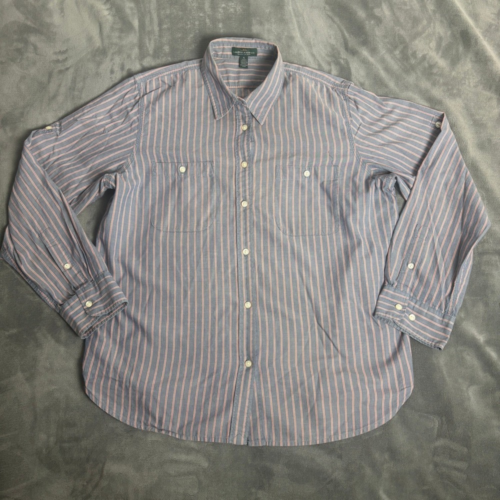 Lauren Ralph Lauren Jeans Co Blue Red Striped Roll Tab Button Down Shirt XL LRL